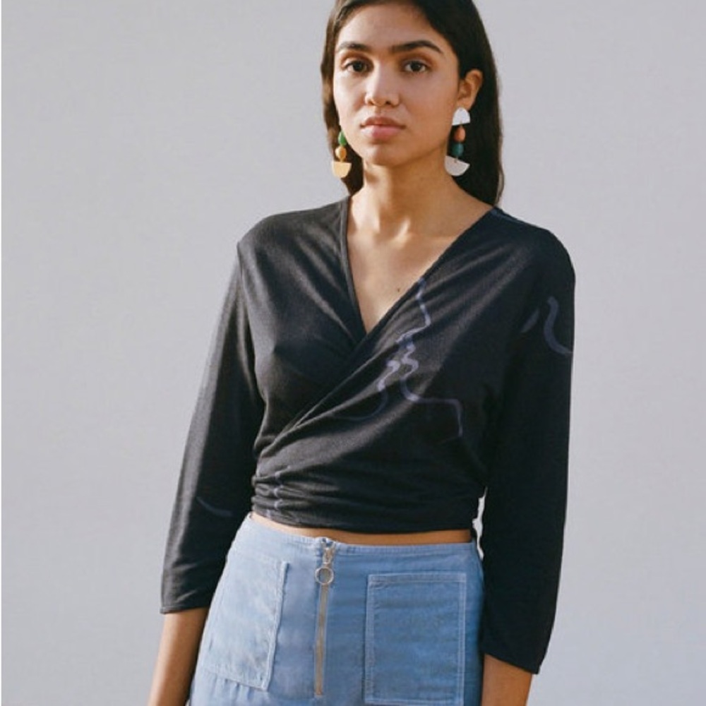 Paloma Wool Black Wrap Crop Top with Subtle Print